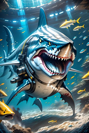 "Illustrate a charming scene of a cute Megalodon swimming in the ocean. Also equip a big high-tech laser rifle on its back. Its whole body is covered with cyan-blue metal mechanical structure parts, including its fins, head, abdomen, body, and back.
4k, nousr robot masterpiece, best quality, fantasy painting of beautiful cyborg Megalodon, warframe style, cyan-blue color, ultra-detailed, ambient light, volumetric lighting, reflective lighting, sharp focus, swimming pose, no humans, mecha-animal form, c1bo, the whole Megalodon ray will just fit the image."