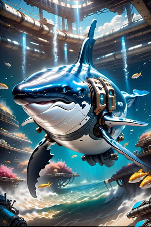 "Illustrate a charming scene of a cute whale swimming in the ocean. Also equip a big high-tech laser rifle on its back. Its whole body is covered with cyan-blue metal mechanical structure parts, including its fins, head, body, and back.
4k, nousr robot masterpiece, best quality, fantasy painting of beautiful cyborg whale, warframe style, cyan-blue color, ultra-detailed, ambient light, volumetric lighting, reflective lighting, sharp focus, swimming pose, no humans, mecha-animal form, c1bo, the whole whale will just fit the image."