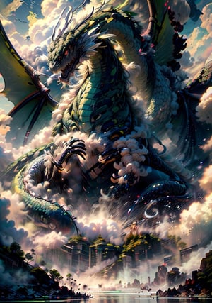 Hyperrealistic art, (a mixed huge creature of snake dragon), (black-green color:1.75), nordic_style, outdoors, standing-pose, (huge wings:1.5), claws, glowing red eyes, sky, teeth, (only one head face and mouth), day, (no_humans), scenery, smoke, mountain, 
cinematic lighting, strong contrast, high level of detail, best quality, masterpiece, extremely high-resolution details, photographic, realism pushed to extreme, fine texture, incredibly lifelike, cloud, winds, sea, ((by Kekai Kotaki:1.5)), sketch, BJ_Sacred_beast