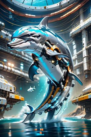 "Illustrate a charming scene of a cute ​​dolphin swimming in the ocean. Also equip a big high-tech laser rifle on its back. Its whole body is covered with cyan-blue metal mechanical structure parts, including its fins, head, abdomen, body, and back.
4k, nousr robot masterpiece, best quality, fantasy painting of beautiful cyborg ​​dolphin, warframe style, cyan-blue color, ultra-detailed, ambient light, volumetric lighting, reflective lighting, sharp focus, swimming pose, no humans, mecha-animal form, c1bo, the whole ​​dolphin ray will just fit the image."