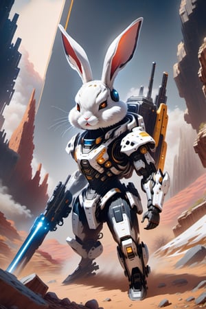 "Illustrate a charming scene of a cute rabbit standing on a mars mountain. Also holding a big high-tech and detail-oriented laser rifle on its hands. Its arms, legs, and body are covered with mechanical structure parts. With a jetpack on its back. Capture the rabbit's adorable surprise and shock as it looks directly at the viewer. Creating a playful and entertaining visual narrative. nousr robot masterpiece, best quality, fantasy painting of beautiful cyborg rabbit, warframe style, black gold, white-silver, ultra-detailed, ambient light, volumetric lighting, reflection of light, reflective lighting, sharp focus, battle pose, face and head focus, mecha, robot, precision firearms."