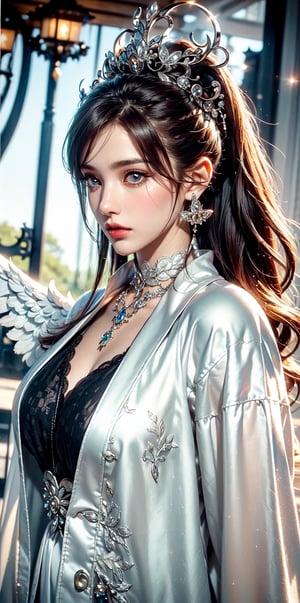 angel halo,red hair,(light_ruby_eyes:1.2), high ponytail,curvy, light of wings,(British|Japanese),(crystal crown),(silver veil),(pendant),hair bow,tassel,collar with bell,white overcoat,face shot,outdoors,Mysterious, elegant, sexy, perfect, sacred, dignity, glory ,picture of the day,(complex scales structure:1.5)