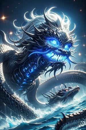 (Battleship, Kraken, cannon),(complex 
silver structure:1.3),(spit blue light:1.3),open_mouth,space background,Black and white entanglement, crystal and silver entanglement Negative prompt: EasyNegative, badh,(golden tones:1.2)