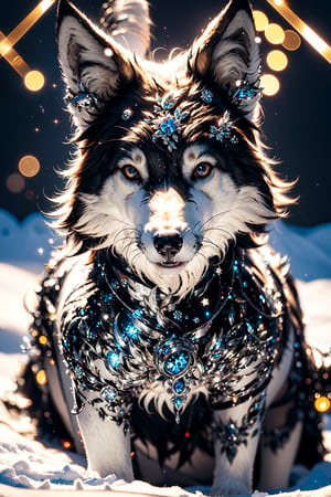 (Cerberus),(snow body)|(wolf head:1.3),red and white entanglement, crystal and silver entanglement,Star flash,Violet Purple