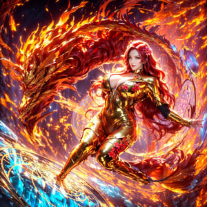 ((( dragon))),  (((red bodysuit)), (((goddess))),(((naked))), (((busty))), Makeup, More Detail, GdClth, , (((magic circle))), (((lightning)), (((red hair))), (((golden eyes))),(((flower))),(((happy))),(((fire))),(((ice))),(((shine)))