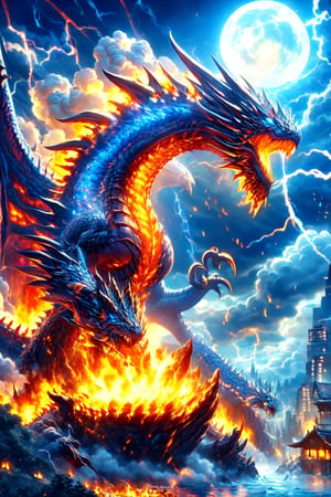 (Godzilla spit big light) ,((blue light)), openmouth,(lightning dragon), Spiral lightning,shine, Bubbles, moonlight, clouds, fog, Sanskrit, lightning ball, fire ring, magic circle,holy light, openmouth, ,masterpiece,dragon,dragonknight