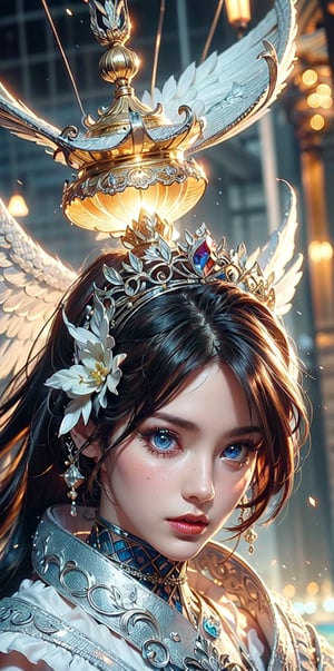 angel halo,red hair,(light_ruby_eyes:1.2), high ponytail,curvy, light of wings,(British|Japanese),(crystal crown),(silver veil),(pendant),hair bow,tassel,collar with bell,white overcoat,face shot,outdoors,Mysterious, elegant, sexy, perfect, sacred, dignity, glory ,picture of the day,(complex scales structure:1.5)