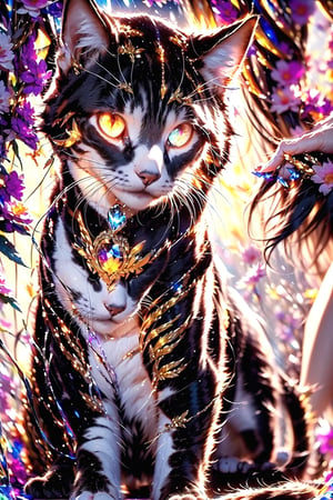 (cat),(black and white entanglement),(crystal and silver entanglement),Masterpiece, beautiful details, perfect focus, uniform 8K wallpaper, high resolution, exquisite texture in every detail, ((background Blur: 2)),  accessories like leaf-shaped earrings and flower crowns.  break pastel,perfect light
,glowing eye,cat