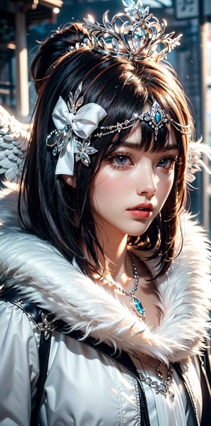 angel halo,red hair,(light_ruby_eyes:1.2), high ponytail,curvy, light of wings,(British|Japanese),(crystal crown),(silver veil),(pendant),hair bow,tassel,collar with bell,white overcoat,face shot,outdoors,Mysterious, elegant, sexy, perfect, sacred, dignity, glory ,picture of the day,(complex fur structure:1.5)