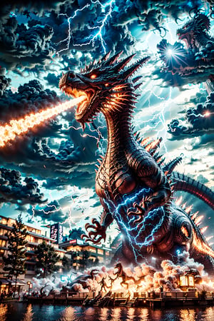 (Godzilla:1.2),(spit big lightning light:1.2),Time travel cityscape ,openmouth,