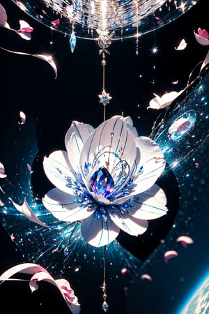  (magic amulet),(complex petal structure:1.5),space background,Black and white entanglement, crystal and silver entanglement