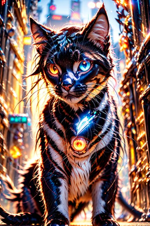 (black cat),(glowing eyes),(lighting eye),(Futuristic metropolis),