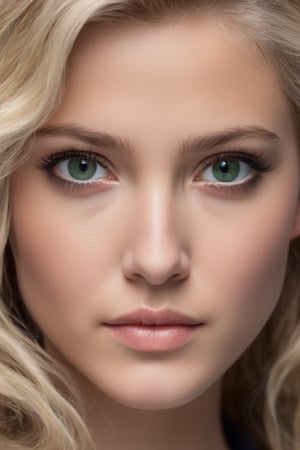 Only 1woman, solo, close up, (astonishing blonde wavy hair), (mesmerizing dark green eyes, clearly defined dark brown limbal rings, soft brown iris crypt, royal purple iris crypt, dark blue iris crypts. Softly detailed Iris Furrows, diffuse intricate tapetum lucidum), sharpen and bake skin texture, Unimaginably detailed, uniquely textured, soft small noise overlay, stark white skin intermixed with shades of coral, individual eyelashes defined by brown to black in long wispy like separating, catch light reflects bright, color relevance, LUT_Analog, color locked, natural light reflects of skin detail, natural depth shading of skin, low to bright tones to hair color, enhance and increase contrast at the areas where colors meet