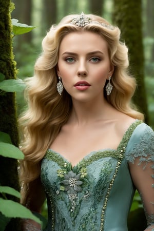 A high quality photograph amidst the trees in the wilderness, a long haired blonde Princess stands, plump lips, perfect teeth, perfectly big eyes, big irises, green eyes, narrow upturned nose, narrow rounded chin, elegant neck, sharp and narrow jawline. The Princess' feminine body framed by her glistening gown of embroidery pearls and lace with diamond trimmings, every intricate detail painstakingly enhanced, The photo captures the mystical ambiance of the forest in the background without blurring details are hydrangea bushes among wildflowers, foliage, trees,  intricately revealing the ethereal realism and mystical beauty of nature, more detail XL, scarlett johansson, 