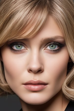 Only 1 woman, solo, close up, (astonishing blonde wavy hair), (mesmerizing shades of green eyes, clearly defined dark brown limbal rings, layers of dark green furrows multiply layers of light green furrows overlay layers of royal purple furrows, soft brown iris crypt adding depth in jagged shading and softly glazed highlights of the iris color, royal purple iris crypt, dark blue iris crypts. Softly detailed Iris Furrows, intricate tapetum lucidum), Unimaginably detailed, uniquely textured, stark white skin intermixed with shades of coral, individual eyelashes defined by brown to black in long wispy like separating, catch light reflects bright indistinguishable texture of eyes, color relevance, LUT_Analog, color locked, natural light reflects of skin detail, natural depth shading of skin, low to bright tones to hair color, enhance and increase contrast at the areas where colors meet