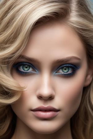 Only 1 woman, solo, close up, (astonishing blonde wavy hair), (mesmerizing shades of green eyes, clearly defined dark brown limbal rings, layers of dark green furrows multiply layers of light green furrows overlay layers of royal purple furrows, soft brown iris crypt adding depth in jagged shading and softly glazed highlights of the iris color, royal purple deep. iris crypt, dark blue iris crypts, intricate tapetum lucidum), Unimaginably detailed, uniquely textured, stark white skin intermixed with shades of coral, individual eyelashes defined by brown to black in long wispy like separating, catch light reflects bright indistinguishable texture of eyes, color relevance,  a beautiful woman, elegant features, LUT_Analog, color locked, natural light reflects of skin detail, natural depth shading of skin, low to bright tones to hair color, enhance and increase contrast at the areas where colors meet