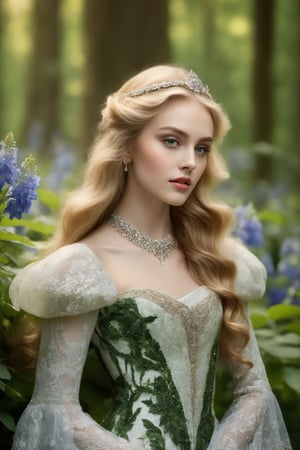 A high quality photograph amidst the trees in the wilderness, a long haired blonde Princess stands, perfectly big eyes, big irises, green eyes, narrow upturned nose, narrow rounded chin, elegant neck, sharp and narrow jawline. The Princess' feminine body framed by her glistening gown of embroidery pearls and lace with diamond trimmings, every intricate detail painstakingly enhanced, The photo captures the mystical ambiance of the forest in the background without blurring details are hydrangea bushes among wildflowers, foliage, trees,  intricately revealing the ethereal realism and mystical beauty of nature.