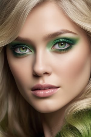 Only 1 woman, solo, close up, (astonishing blonde wavy hair), (mesmerizing shades of green eyes, clearly defined dark brown limbal rings, layers of dark green furrows multiply layers of light green furrows overlay layers of royal purple furrows, soft brown iris crypt adding depth in jagged shading and softly glazed highlights of the iris color, royal purple iris crypt, dark blue iris crypts. Softly detailed Iris Furrows, intricate tapetum lucidum), Unimaginably detailed, uniquely textured, stark white skin intermixed with shades of coral, individual eyelashes defined by brown to black in long wispy like separating, catch light reflects bright indistinguishable texture of eyes, color relevance, LUT_Analog, color locked, natural light reflects of skin detail, natural depth shading of skin, low to bright tones to hair color, enhance and increase contrast at the areas where colors meet