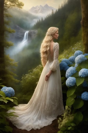 A high quality photograph amidst the trees in the wilderness, a long haired blonde Princess stands. Her glistening gown of embroidery pearls and lace with diamond trimmings, every intricate detail painstakingly enhanced, The photo captures the mystical ambiance of the forest in the background, hydrangea bushes among wildflowers, foliage, trees,  intricately revealing the ethereal realism and mystical beauty of nature.