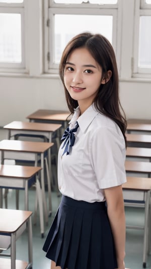 photorealistic:1.37, masterpiece, best quality, raw photo, absurdres, uhd, 1girl,  wavy hair, black hair , looking at viewer, a little smiles, blushing, in the school classroom of the classroom in the high tower classroom building in  Tokyo ,Tokyo tower,intricate detail, detailed background, detailed skin, pore, highres, hdr , presentation to ten men , beautiful model, soft light to the face,JP_MODELS , small breasts, a 17 yo woman ,((school uniform, white sailor shirt, black mini skirt)),blurry_light_background,school uniform,perfect