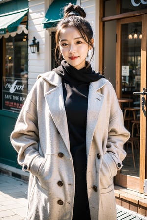 best quality, masterpiece, (photorealistic:1.4), 1girl, hairbun, long_sleeve, hoodie, coat, cold, scarf, skirts,outdoor, cafe, (happy:0.88), 