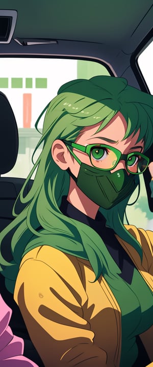 Beautiful little girl wearing a cap sitting in the back of the car looking at you , bespectacled,Wear a green mask,Wear green glasses,green hair,sexuality