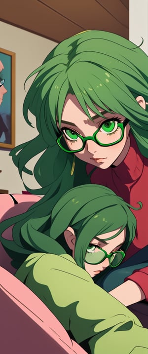 The Pretty Girl sat quietly on the sofa in the living room with her glasses on, bespectacled,Wear a green mask,Wear green glasses,green hair,sexuality