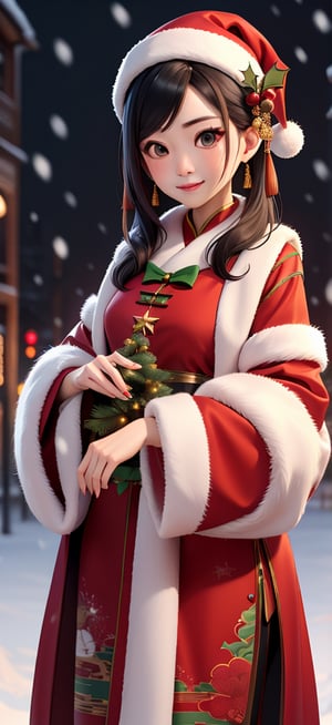 Mature Chinese women,Christmas costumes,The background is empty snow