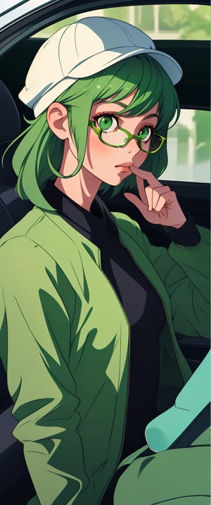 Beautiful little girl wearing a cap sitting in the back of the car looking at you , bespectacled,Wear a green mask,Wear green glasses,green hair,sexuality