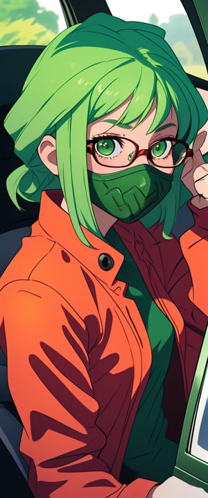 Beautiful little girl wearing a cap sitting in the back of the car looking at you , bespectacled,Wear a green mask,Wear green glasses,green hair,sexuality