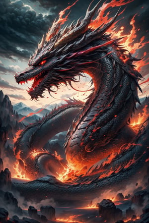 LAVA DRAGON, BJ_Sacred_beast, LAVA Dragon, large eyes, Sharp Horns, Earth DRAGON, sky, cloud, Demon Eye, HEAD OF DRAGON, cloudy_sky, scenery, RED Colors, LAVA Skin, fantasy, blow a fire, Lava, fire, dirt, flame, ash, smoke, Wall, Blazing skin, cinematic lighting, strong contrast, high level of detail, Best quality, masterpiece, massive lava mountains, RED-Eyes