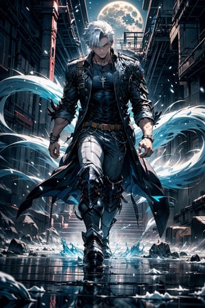One man, head of Zeus,(devil may cry: Zeus), GODS, blue hair, short, pale skin, Bluewater, big big_muscle, furious face, Blazing Ice, Ices, falling_snow, full_body, Snow moon, walking, Dark moon, (dark Blue eyes), Zeus long bangs, very_long_hair, straight_hair, perfect figure, ((blue-colored apparel, often in the form of long, two-tailed coats)) ice, shading blue, water, Ocean