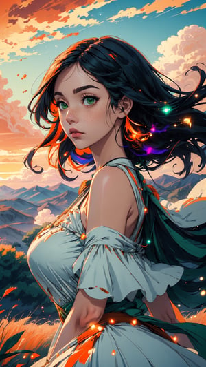 ((masterpiece)), (best quality), (cinematic), a woman in a long white dress, running through an open field, long black hair, bangs, chubby, wide hips, full body, green eyes, freckles on cheeks, wind, detailed face, detailed body, red and orange sky, glow, clouds, vegetation, green plains, floating bubbles, (cinematic, colorful), vast field, (extremely detailed), inspired by Studio Ghibli, EpicSky, cloud, sky, highly detailed, detailed face