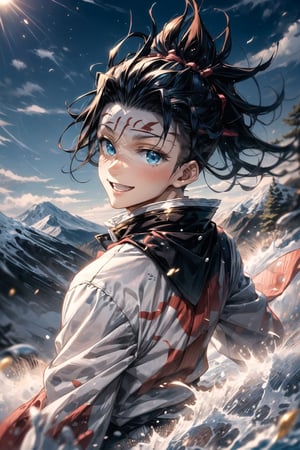 Tanjiro Kamado from (Demon Slayer: Kimetsu no Yaiba) with a cheerful smile, adorned in a white shirt intricately embellished with gold details, red eyes, This is a depiction of a single male character within the scenic Rugged mountain terrain