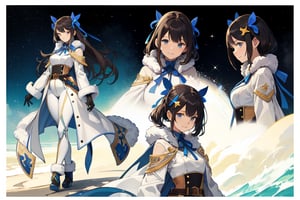 (CharacterSheet:1), {{Design Character Sheet}}, masterpiece, best quality, solo,1girl,walking,ribbon hair ornament, big blue ribbon on hair,  white coat, belt, black bodysuit, fur trim, gloves, blue boot,looking_at_viewer,  smile, leaning forward, close-up , from_side,portrait,stars_(sky)