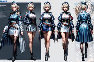 1girl,character turnaround, military uniform,big blue ribbon on hair, white coat, short skirt. belt, full body,charturnerv2,character sheet,girl
