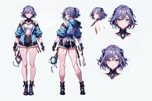 (CharacterSheet:1.2), 1 girl, solo, Blue eyes ,light blue hair, light smile,muscle_body, strong, fullbody white_bodysuit with blue details,casual_wear, gloves, boots, shorts, shirt, tecno_jacket, long-hair,,multiple views (full_body(front_view, back_view),uper_body(front_view, left_view, right_view)),(white background, simple background:1.2),(dynamic_pose:1.2),(masterpiece:1.2), (best quality, highest quality), (ultra detailed), (8k, 4k, intricate), (50mm), (highly detailed:1.2),(detailed face:1.2), detailed_eyes,(gradients),(ambient light:1.3),(cinematic composition:1.3),(HDR:1),Accent Lighting,extremely detailed,original, highres,(perfect_anatomy:1.2), perfect_face:1.2, detailed_anatomy, full_body,