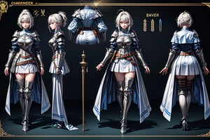 1girl,character turnaround, military uniform,big blue ribbon on hair, white coat, short skirt. belt, full body,charturnerv2,character sheet,girl,xuer plate armor