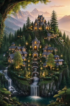 Generate a high-quality image of an elven village nestled in a lush valley, surrounded by ancient trees and winding streams. Capture the ethereal beauty of tree houses seamlessly integrated into the natural landscape, illuminated by soft, magical lights. Envision elves engaged in ancient rituals beneath the emerald canopy, creating a serene and mystical ambiance. Emphasize the harmony between the elven architecture and the surrounding nature, showcasing the village as a tranquil haven of enchantment and, wonder.,1girl