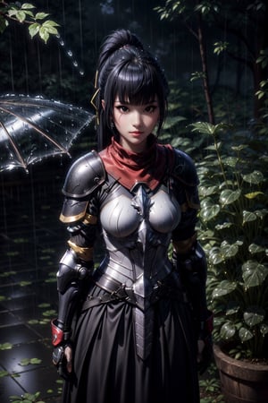 masterpiece, best quality, highres, 1girl, 30 aged, long ponytail black hair, black_eyes, white armor, cry, ((rain)), expressive face, standing, night, forest, 1 girl, fantasy,smile,  looking_at_viewer,narberal gamma,Detailedface