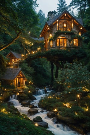 Generate a high-quality image of an elven village nestled in a lush valley, surrounded by ancient trees and winding streams. Capture the ethereal beauty of tree houses seamlessly integrated into the natural landscape, illuminated by soft, magical lights. Envision elves engaged in ancient rituals beneath the emerald canopy, creating a serene and mystical ambiance. Emphasize the harmony between the elven architecture and the surrounding nature, showcasing the village as a tranquil haven of enchantment and wonder.