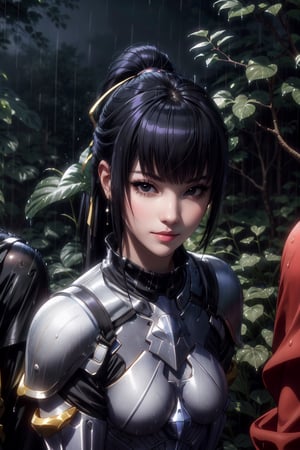 masterpiece, best quality, highres, 1girl, 30 aged, long ponytail black hair, black_eyes, white armor, cry, ((rain)), expressive face, standing, night, forest, 1 girl, fantasy,smile,  looking_at_viewer,narberal gamma,Detailedface