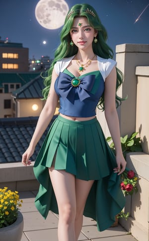 realistic, 1girl, green long hair, green eyes, glowing eyes, smile, blue skirt, large breast, parted lips, blush, night, flowers, necklace, earring, panthyhose, walking in the rooftop, full moon, sunlight,More Detail,Enhance, Sailor Neptune wear, tiara, sailor senshi uniform,sailor neptune