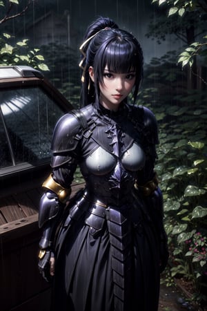 masterpiece, best quality, highres, 1girl, 30 aged, long ponytail black hair, black_eyes, purple armor, cry, ((rain)), expressive face, standing, night, forest, 1 girl, fantasy, looking_at_viewer,milfication,midjourney,narberal gamma,Detailedface