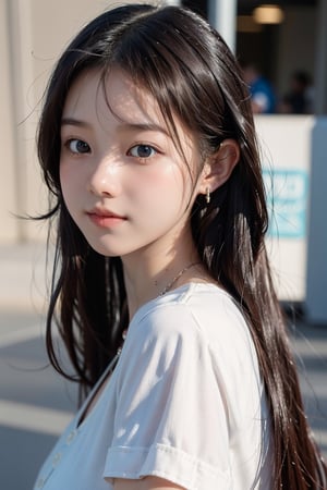 background is New York,street, 18 yo, 1 girl, beautiful korean girl, big eyes, wearing tight red dress(v-neck,simple, short sleeves), smile, solo, {beautiful and detailed eyes}, dark eyes, big breasts, calm expression, delicate facial features, ((model pose)), Glamor body type, (dark hair:1.2), simple tiny earrings, simple tiny necklace,very_long_hair, hair past hip, bangs, curly hair, flim grain, realhands, masterpiece, Best Quality, 16k, photorealistic, ultra-detailed, finely detailed, high resolution, perfect dynamic composition, beautiful detailed eyes, eye smile, ((nervous and embarrassed)), sharp-focus, full_body, cowboy_shot,