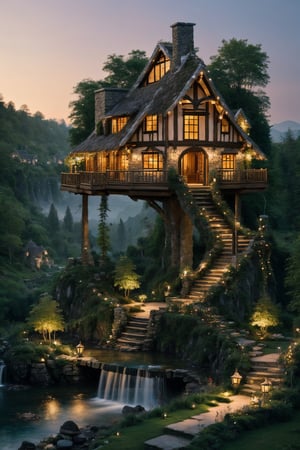 Generate a high-quality image of an elven village nestled in a lush valley, surrounded by ancient trees and winding streams. Capture the ethereal beauty of tree houses seamlessly integrated into the natural landscape, illuminated by soft, magical lights. Envision elves engaged in ancient rituals beneath the emerald canopy, creating a serene and mystical ambiance. Emphasize the harmony between the elven architecture and the surrounding nature, showcasing the village as a tranquil haven of enchantment and, wonder.,1girl, in front of background