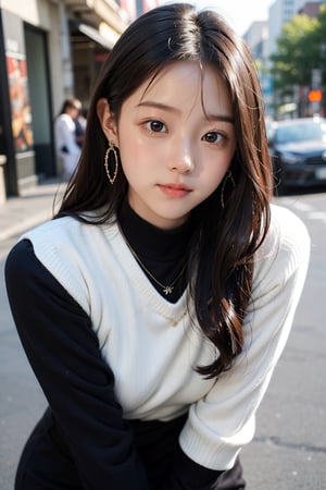 background is New York,street, 18 yo, 1 girl, beautiful korean girl, big eyes, wearing tight black dress(turtle neck,simple,long sleeves),black long boots, smile, solo, {beautiful and detailed eyes}, dark eyes, big breasts, calm expression, delicate facial features, ((model pose)), Glamor body type, (dark hair:1.2), simple tiny earrings, simple tiny necklace,very_long_hair, hair past hip, bangs, curly hair, flim grain, realhands, masterpiece, Best Quality, 16k, photorealistic, ultra-detailed, finely detailed, high resolution, perfect dynamic composition, beautiful detailed eyes, eye smile, ((nervous and embarrassed)), sharp-focus, full_body, cowboy_shot,