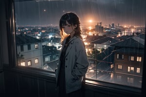 (best quality, masterpiece,64K),(natural lighting), extremely detailed CG,(no humans:1.5),Rainy night streets, view out the window from the room on the second floor, moonlight, city view, a girl waiting for someone, dark background, peaceful