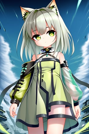 1girl  , solo ,Kal'tsit, cat ears, grey hair, green hair, green eyes , green dress , detach sleeves , futuristic theme clothes , loli