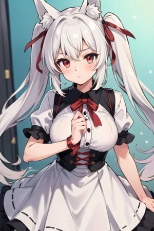 a_girl , avarage_breast , white_hair , fox_ears , red_eyes , red_ribbon , twintail , white_dress , short_sleeves , as_idol 